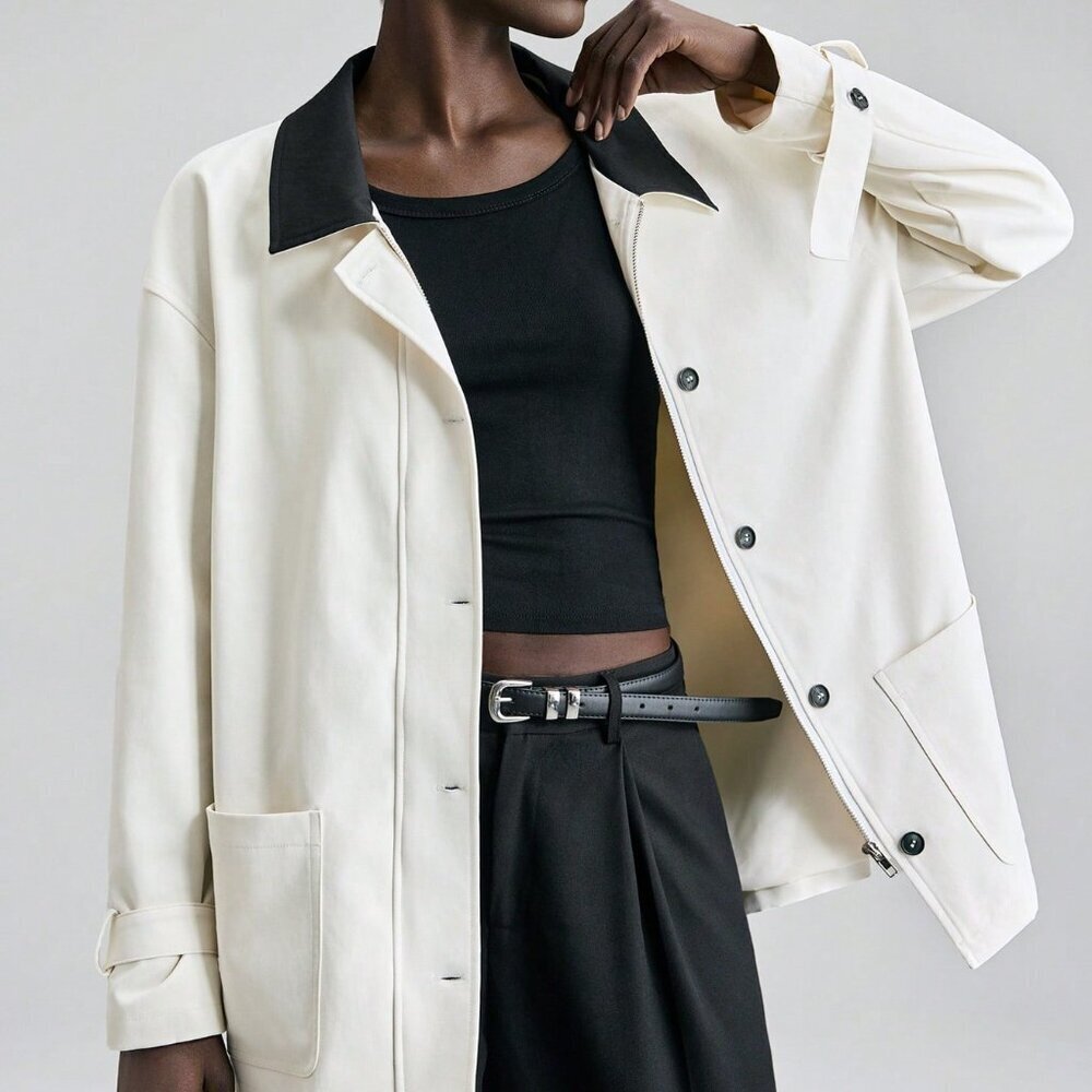 White Casual Women's Elegant Collar Jacket With Buttons